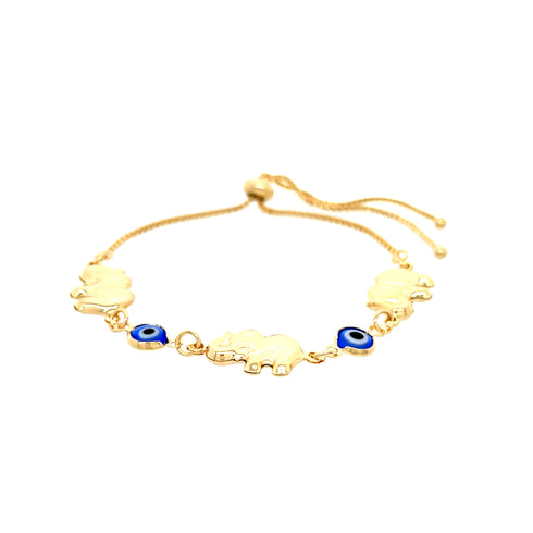 The Blue Evil Eye and Elephant Charms Bracelet, crafted from 14k gold-filled material, features three elephant charms and two blue evil eye beads, all connected with an adjustable sliding clasp.